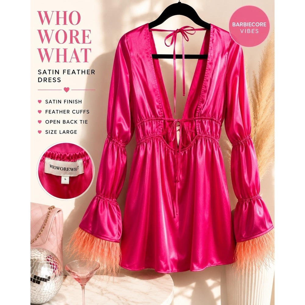 Who What Wear Pink Satin Feather Cuff Mini Dress Open Back Tie Size Large